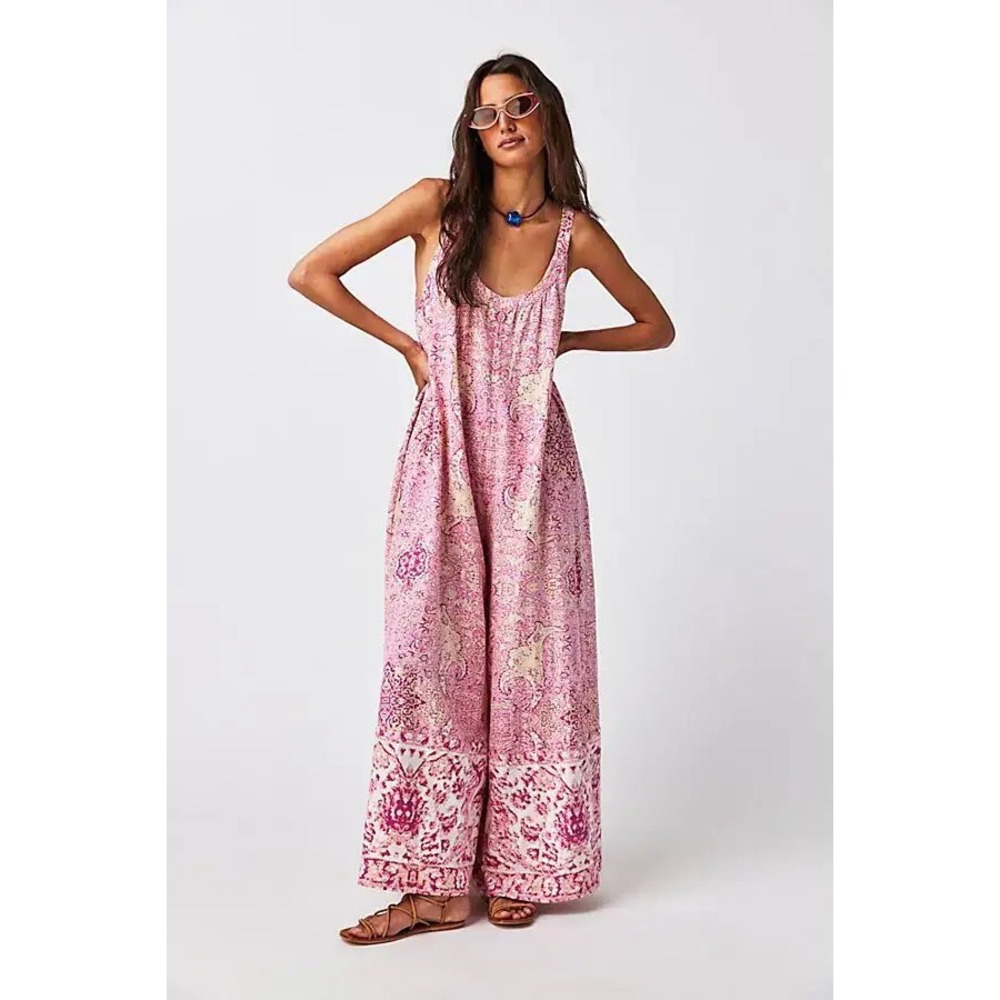 Free People Lillie One Piece Jumpsuit Womens M Pink Paisley Wide Leg Relaxed
